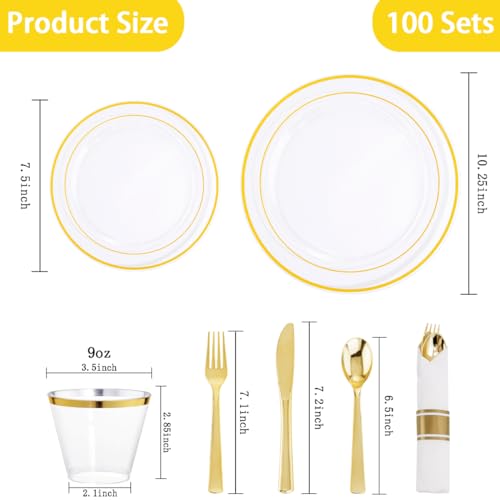350PCS Clear Gold Plastic Dinnerware Set for 50 Guests, Disposable Plates, Cups & Silverware N692