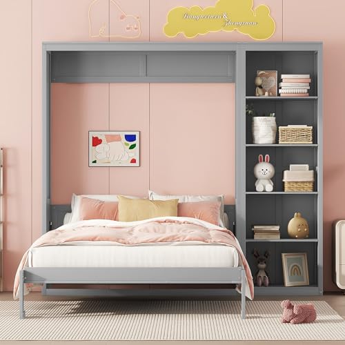 Grey Murphy Wall Bed with Storage Bookcase Shelves B3990