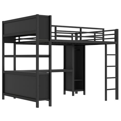 Full Loft Bed with Desk, Storage Shelves, and Wardrobe, Heavy-Duty Frame, Black K6320