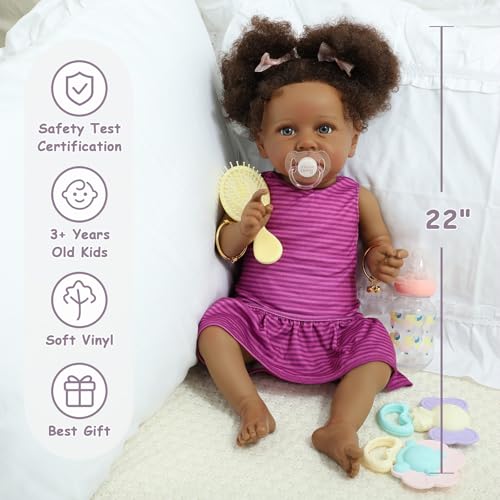 22" Realistic African American Newborn Baby Doll with Two Afro Puffs and Feeding Toys N45735