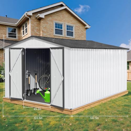 10 x 8 ft Outdoor Storage Shed, Metal Building with Windows and Lockable Doors, Grey Q206