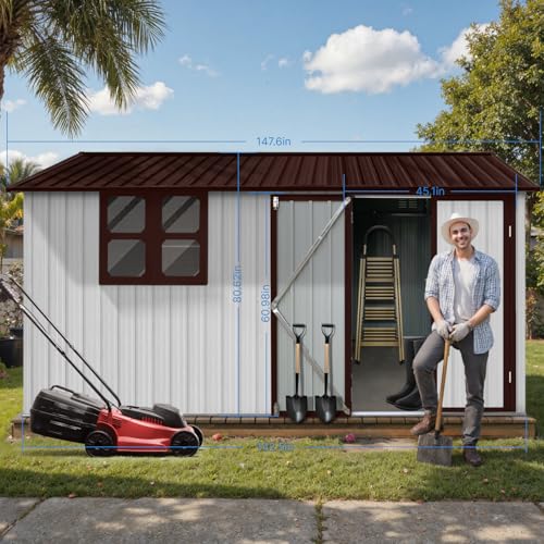 10 x 8 ft Outdoor Storage Shed, Metal Building with Windows and Lockable Doors, Grey Q206
