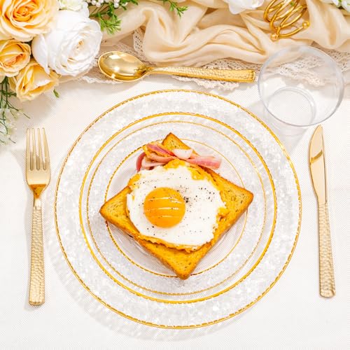 350PCS Clear Plastic Plates with Gold Trim for 50 Guests, Disposable Dinnerware Set O686017