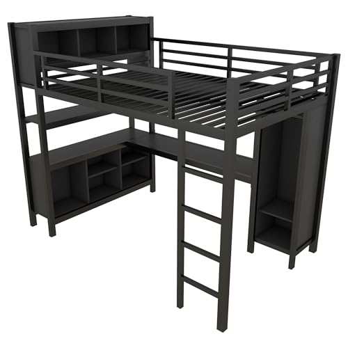 Full Loft Bed with Desk, Storage Shelves, and Wardrobe, Heavy-Duty Frame, Black K6320