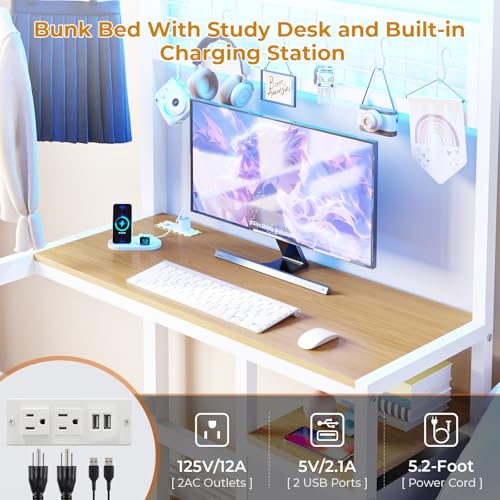 Twin Over Twin Bunk Bed with Desk, Charging Station and LED Lights F705929