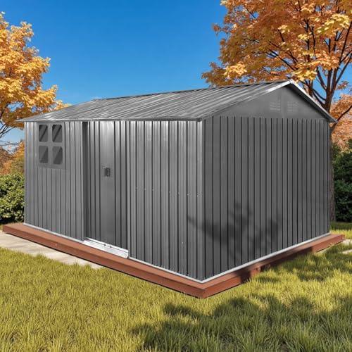 10 x 8 ft Outdoor Storage Shed, Metal Building with Windows and Lockable Doors, Grey Q206