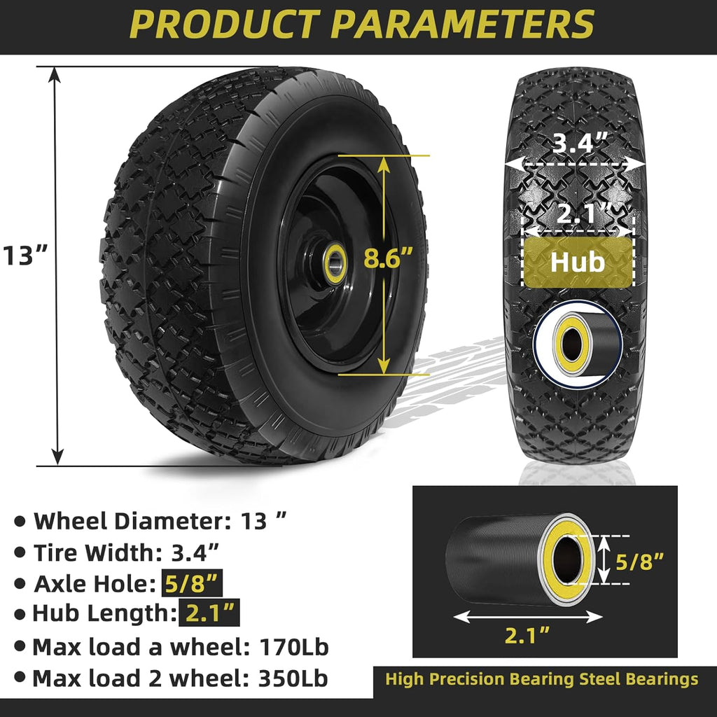 13" Flat Free Tire and Wheel Assembly with 5/8" Axle Bore, 2 Pack H490
