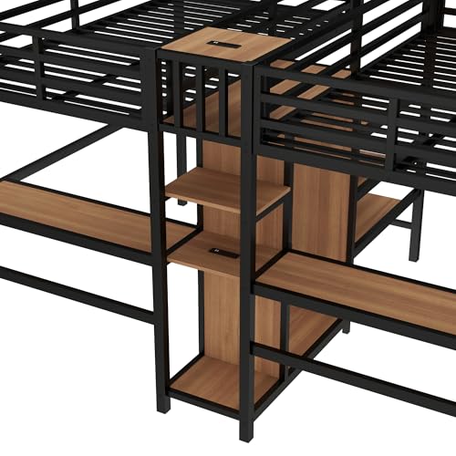 Metal Loft Bed with Wardrobe and L-Shaped Desk, Full Size with Storage Cubes and Shelves J450846