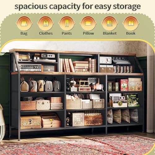 55" Dresser with 13 Fabric Drawers and 2 Open Shelves, Rustic Brown K688