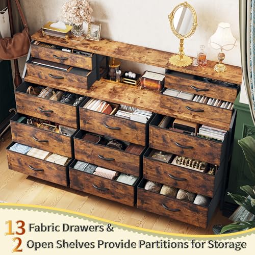 55" Dresser with 13 Fabric Drawers and 2 Open Shelves, Rustic Brown K688