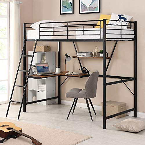 Full Loft Bed with Desk, Storage Shelves, and Wardrobe, Heavy-Duty Frame, Black K6320