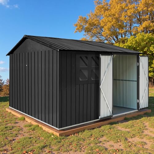 10 x 8 ft Outdoor Storage Shed, Metal Building with Windows and Lockable Doors, Grey Q206