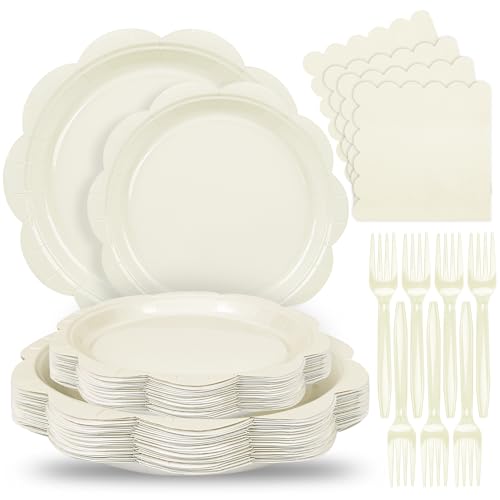 Ivory Paper Plates and Napkins Set for 50 Guests, Disposable Tableware with Utensils M509