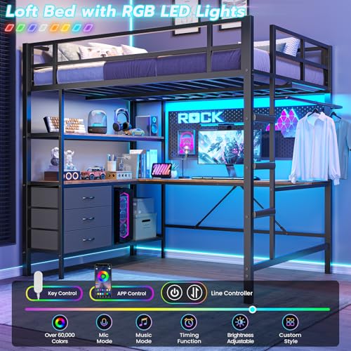 Loft Bed Full Size with L-Shaped Desk and Charging Station G796