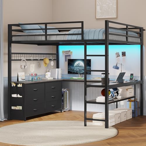 Loft Bed Full Size with U-Shaped Desk, Storage Drawers, Power Outlet, LED, Safety Guardrail & Ladders P611917