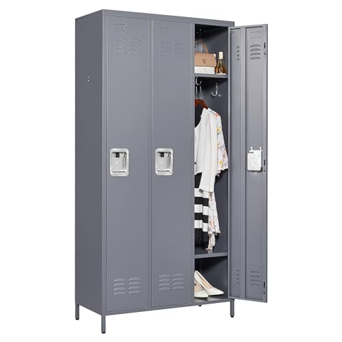 3-Door Steel Storage Locker with Shelves and Hooks I822961