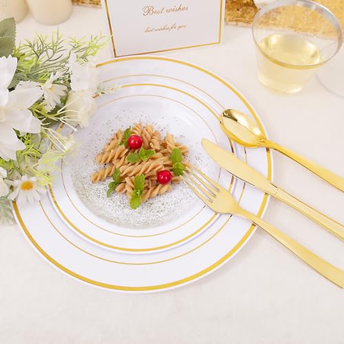 350PCS Clear Gold Plastic Dinnerware Set for 50 Guests, Disposable Plates, Cups & Silverware N692