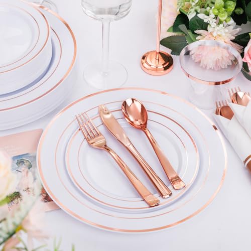 350PCS Clear Gold Plastic Dinnerware Set for 50 Guests, Disposable Plates, Cups & Silverware N692