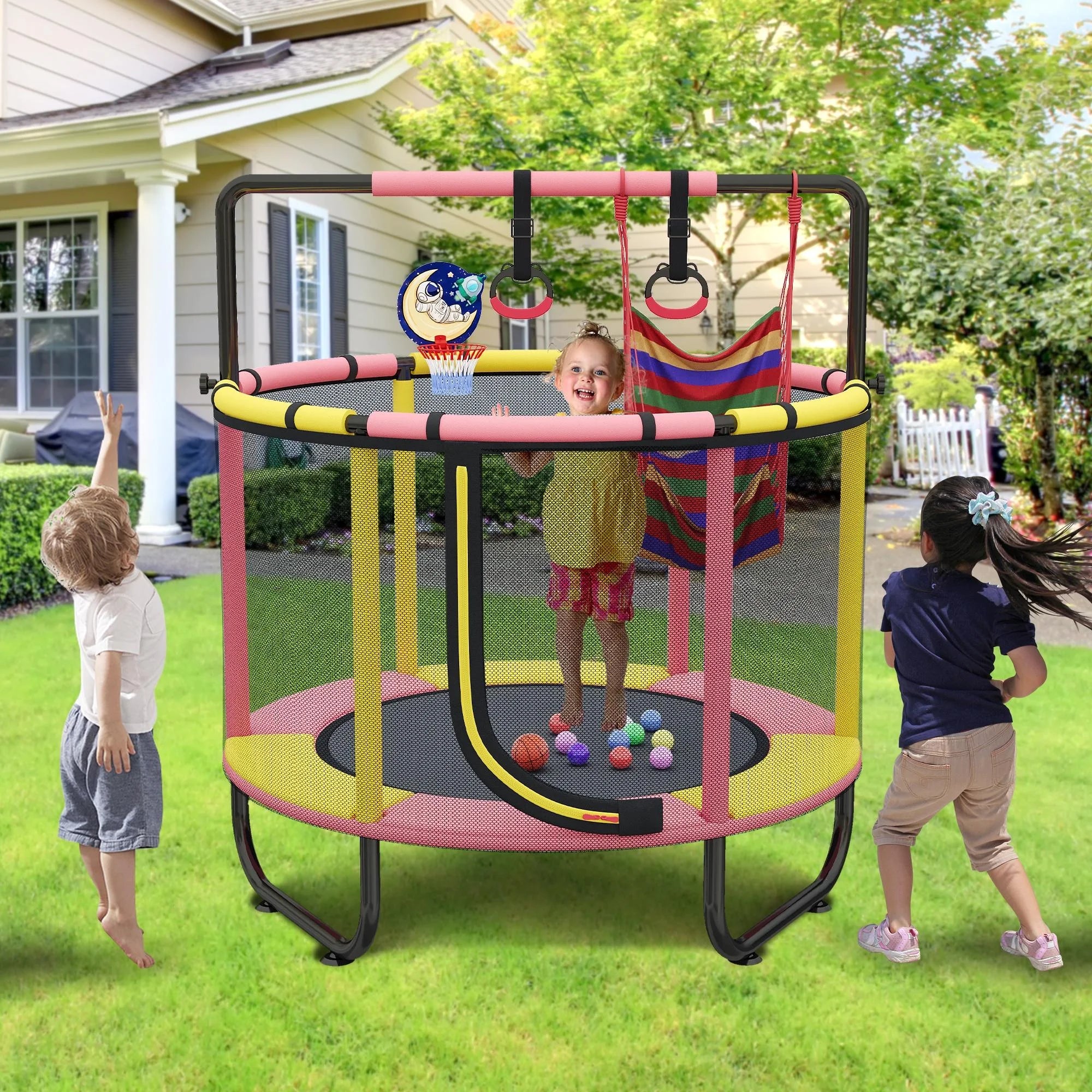 Mini Trampoline for Toddlers with Enclosure and Basketball Hoop F952