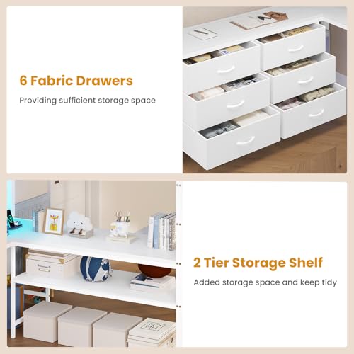 Loft Bed Full Size with U-Shaped Desk, Storage Drawers, Power Outlet, LED, Safety Guardrail & Ladders P611917