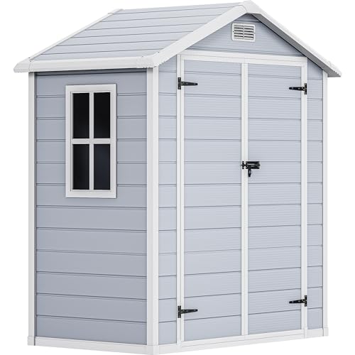DWVO 6x4 FT Outdoor Resin Storage Shed with Floor, All-Weather Bike Storage Shed with Lockable Door, Window and Vent, Waterproof Plastic Tool Storage for Garden, Backyard, Patio, Lawn, Gray