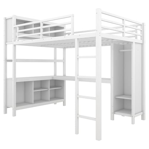 Full Loft Bed with Desk, Storage Shelves, and Wardrobe, Heavy-Duty Frame, Black K6320