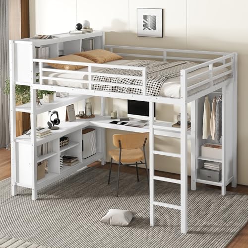 Full Loft Bed with Desk, Storage Shelves, and Wardrobe, Heavy-Duty Frame, Black K6320