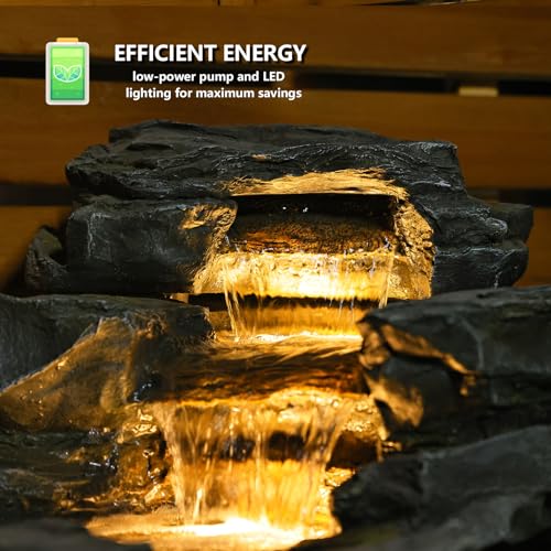 37" Outdoor Garden Water Fountain, 5-Tier Rock Waterfall with LED Lights H197