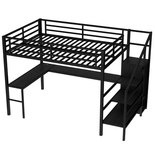 Queen Size Loft Bed with LED Lights, USB Ports and L Shaped Desk T2498