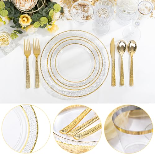 350PCS Clear Plastic Plates with Gold Trim for 50 Guests, Disposable Dinnerware Set O686017