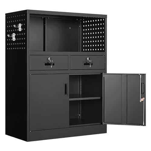 Yizosh Locking Cabinet with 2 Drawers, Metal Storage Cabinet with Locking Doors and Shelves - 41.3" Steel Lockable Storage Cabinet, Metal Cabinet for Home Office, Garage, School (White)