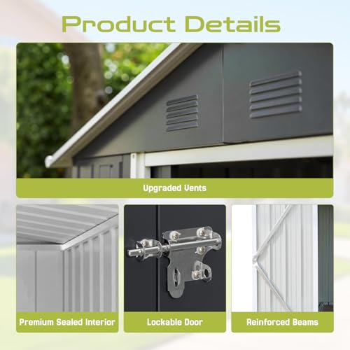 Outdoor Storage Shed, Metal Garden Tool Shed with Lockable Doors, Grey D3847