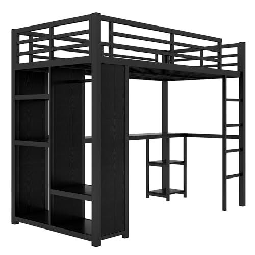 Metal Loft Bed with Wardrobe and L-Shaped Desk, Full Size with Storage Cubes and Shelves J450846