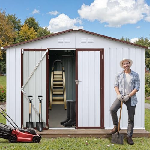 10 x 8 ft Outdoor Storage Shed, Metal Building with Windows and Lockable Doors, Grey Q206