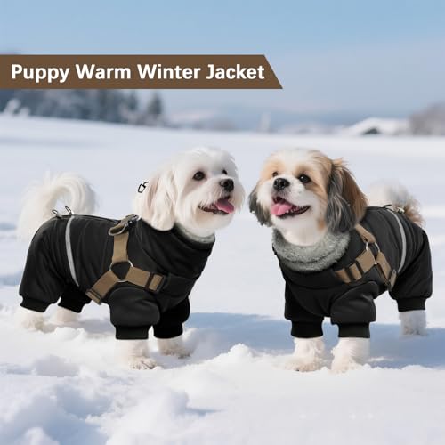 Black Dog Winter Coat with Harness, Reflective Waterproof Jacket for Small Dogs O43201