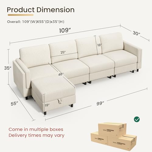 Modular Sectional Sofa Bed with Storage Ottoman, Beige S706
