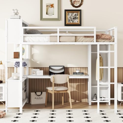Full Size Loft Bed with Wardrobe and L-Shaped Desk, Metal with Storage Cubes, White Q15057
