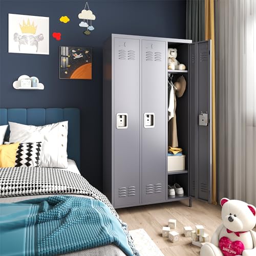3-Door Steel Storage Locker with Shelves and Hooks I822961