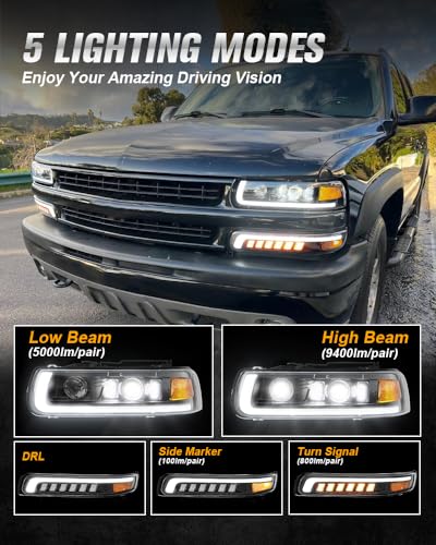 LED Headlights Assembly with Sequential Turn Signal for 1999-2006 Chevy Silverado Suburban Tahoe H92291