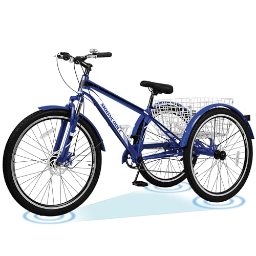 Vanell Adults Mountain Tricycles, 7-Speed 3-Wheeled Mountain Bikes 24/26/27.5inch & Basket, Front Suspension, Disc Brakes for Safe & Fast Braking