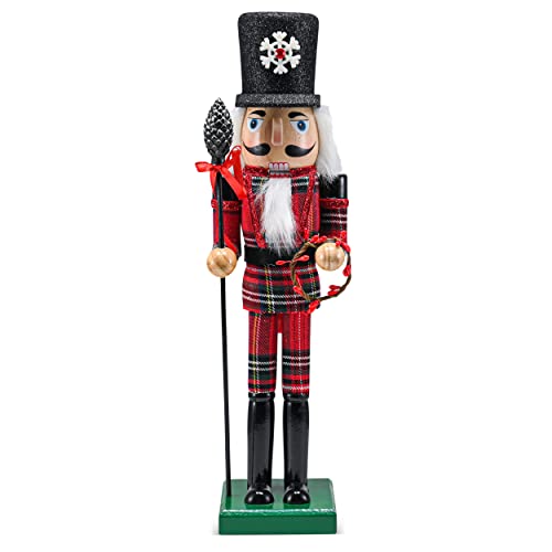 Ornativity Christmas Buffalo Plaid Nutcracker – Red and Black Wooden Nutcracker Soldier with an Acorn Staff and Holly Berries Wreath Xmas Themed Holiday Nut Cracker Doll Figure Decorations 15"