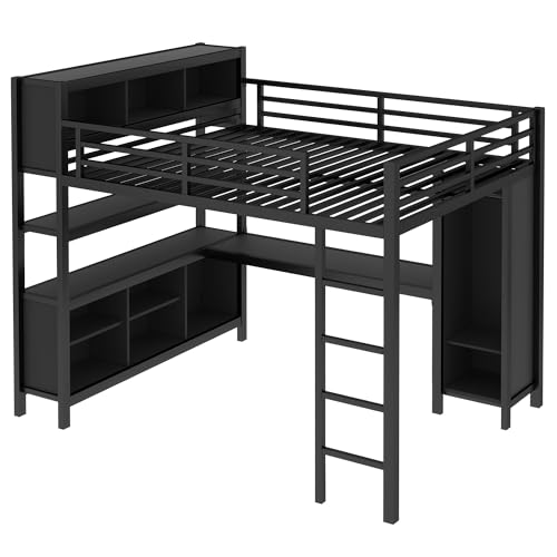 Full Loft Bed with Desk, Storage Shelves, and Wardrobe, Heavy-Duty Frame, Black K6320