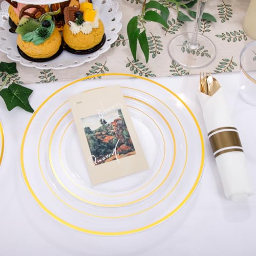 350PCS Clear Gold Plastic Dinnerware Set for 50 Guests, Disposable Plates, Cups & Silverware N692