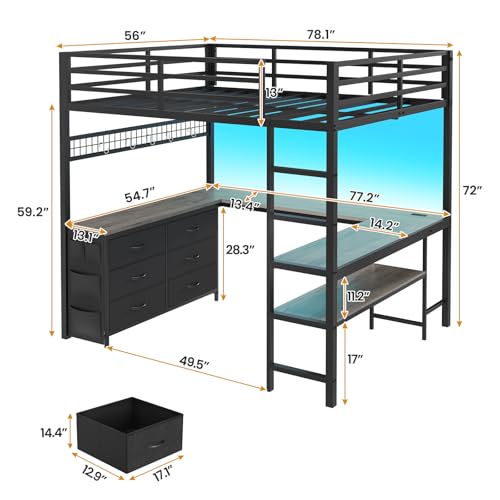 Loft Bed Full Size with U-Shaped Desk, Storage Drawers, Power Outlet, LED, Safety Guardrail & Ladders P611917