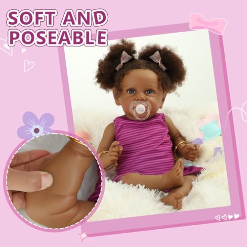 22" Realistic African American Newborn Baby Doll with Two Afro Puffs and Feeding Toys N45735