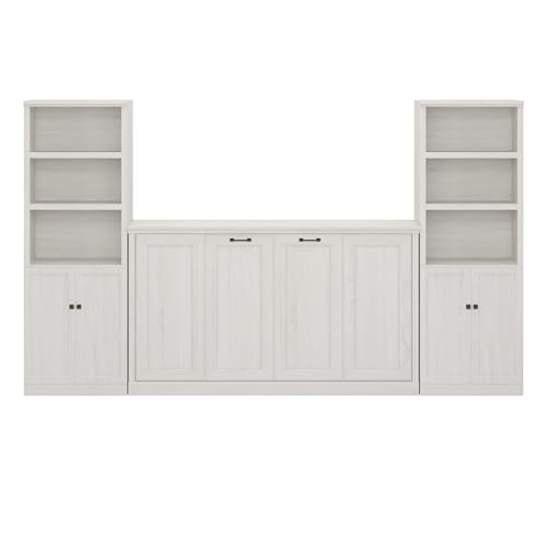 Twin Murphy Bed with Side Cabinets and Bookcase, Foldable Wall Bed for Guest Room, White X864