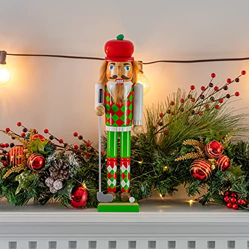 Golf Player Christmas Nutcracker Red and Green Wooden Golfer with Club and Ball 15" X331825