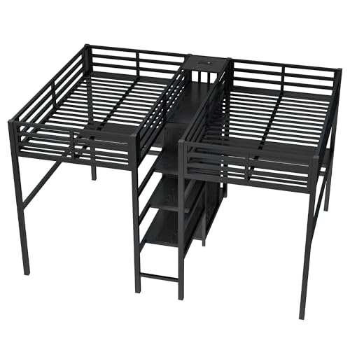 Metal Loft Bed with Wardrobe and L-Shaped Desk, Full Size with Storage Cubes and Shelves J450846