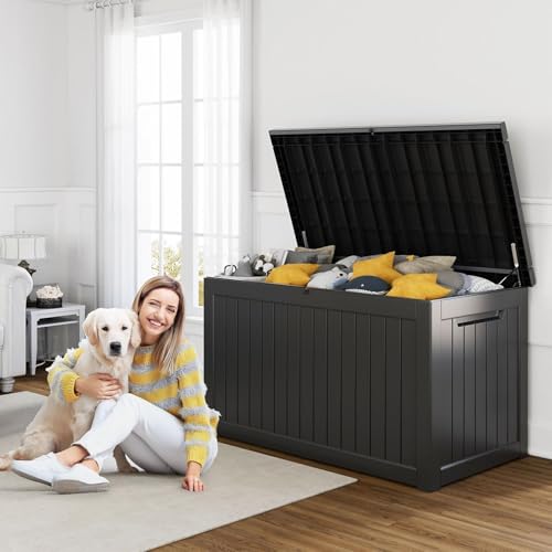 100 Gallon Resin Deck Box, Lockable Patio Outdoor Storage, Waterproof - Black F75230