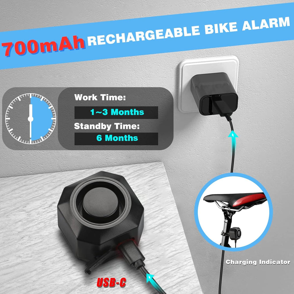 USB Rechargeable Bike Alarm with Remote, 110dB Wireless Anti Theft Vibration Sensor M689445